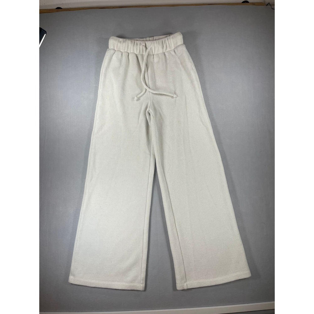 GB Women Off White Ribbed Knit Wide Leg Drawstring Lounge Pants XS - Picture 1 of 8